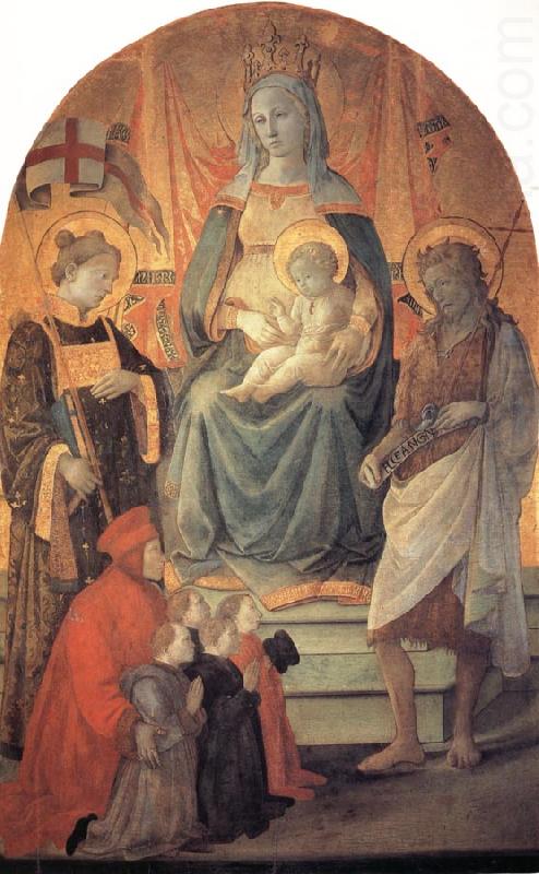 The Madonna and Child Enthroned with Stephen,St John the Baptist,Francesco di Marco Datini and Four Buonomini of the Hospital of the Ceppo of Prato, Fra Filippo Lippi